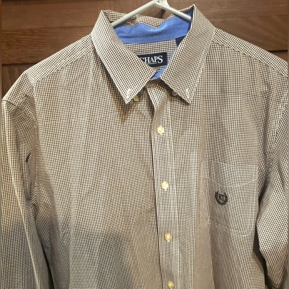 Chaps‎ Shirt Men's Large Button-Down Brown Plaid Pocket Collared Long Sleeve - Picture 3 of 4